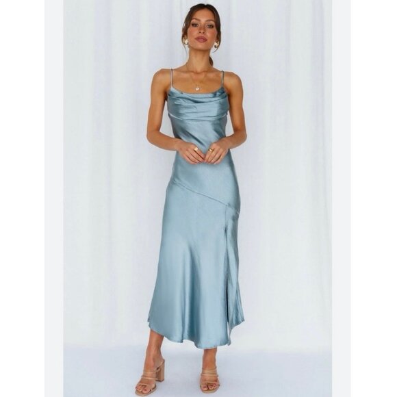 NWT Billy J Celina Steel Blue Satin Midi Dress Women’s AU 6 / US 2 Side Slit - Picture 1 of 12